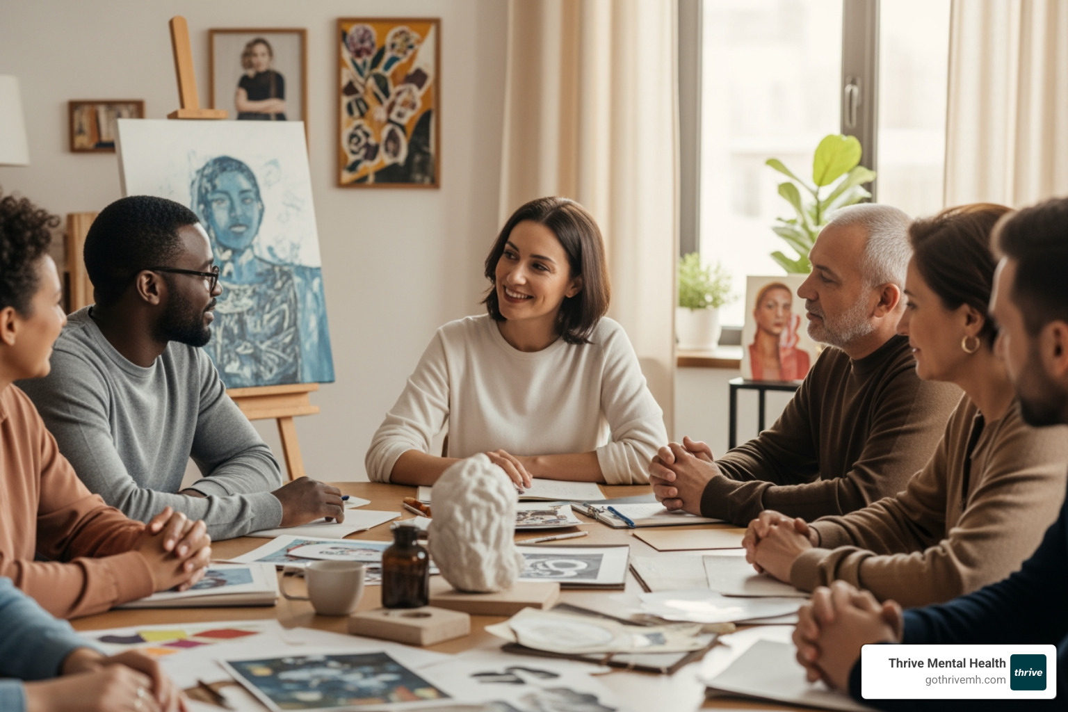 Therapist gently guiding a group discussion around their artwork, fostering connection and understanding - What are some art therapy project ideas for group therapy settings? Therapist gently guiding a group discussion around their artwork, fostering connection and understanding - What are some art therapy project ideas for group therapy settings?