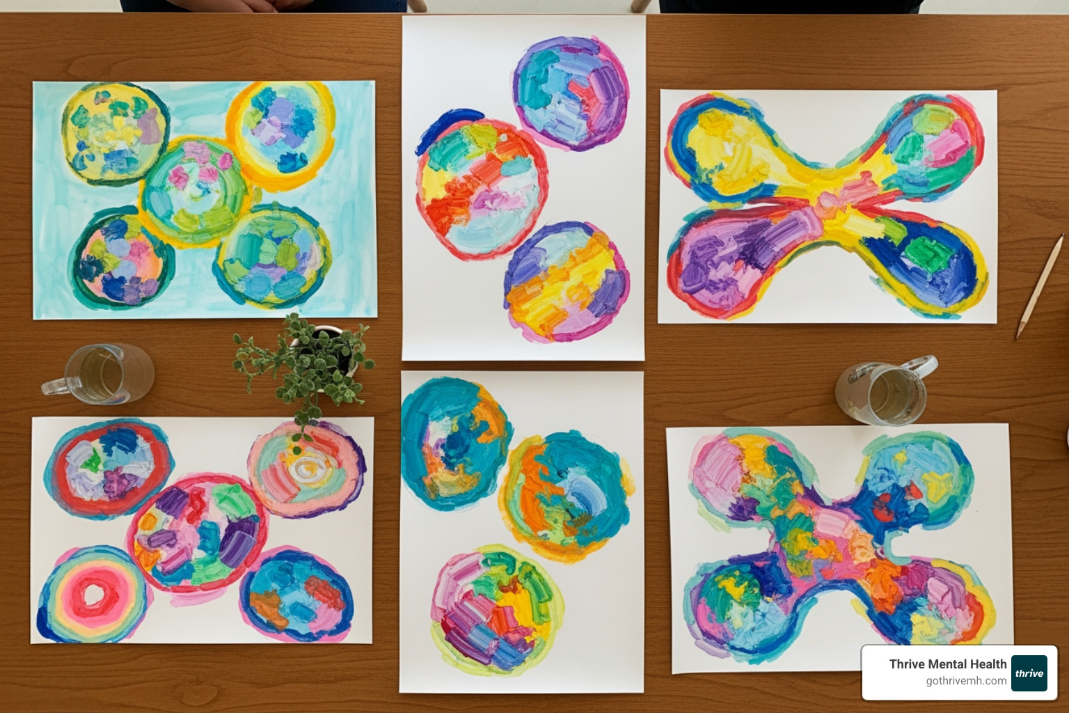 Several colorful round-robin art pieces laid out on a table, showcasing collaborative group art - What are some art therapy project ideas for group therapy settings? Several colorful round-robin art pieces laid out on a table, showcasing collaborative group art - What are some art therapy project ideas for group therapy settings?