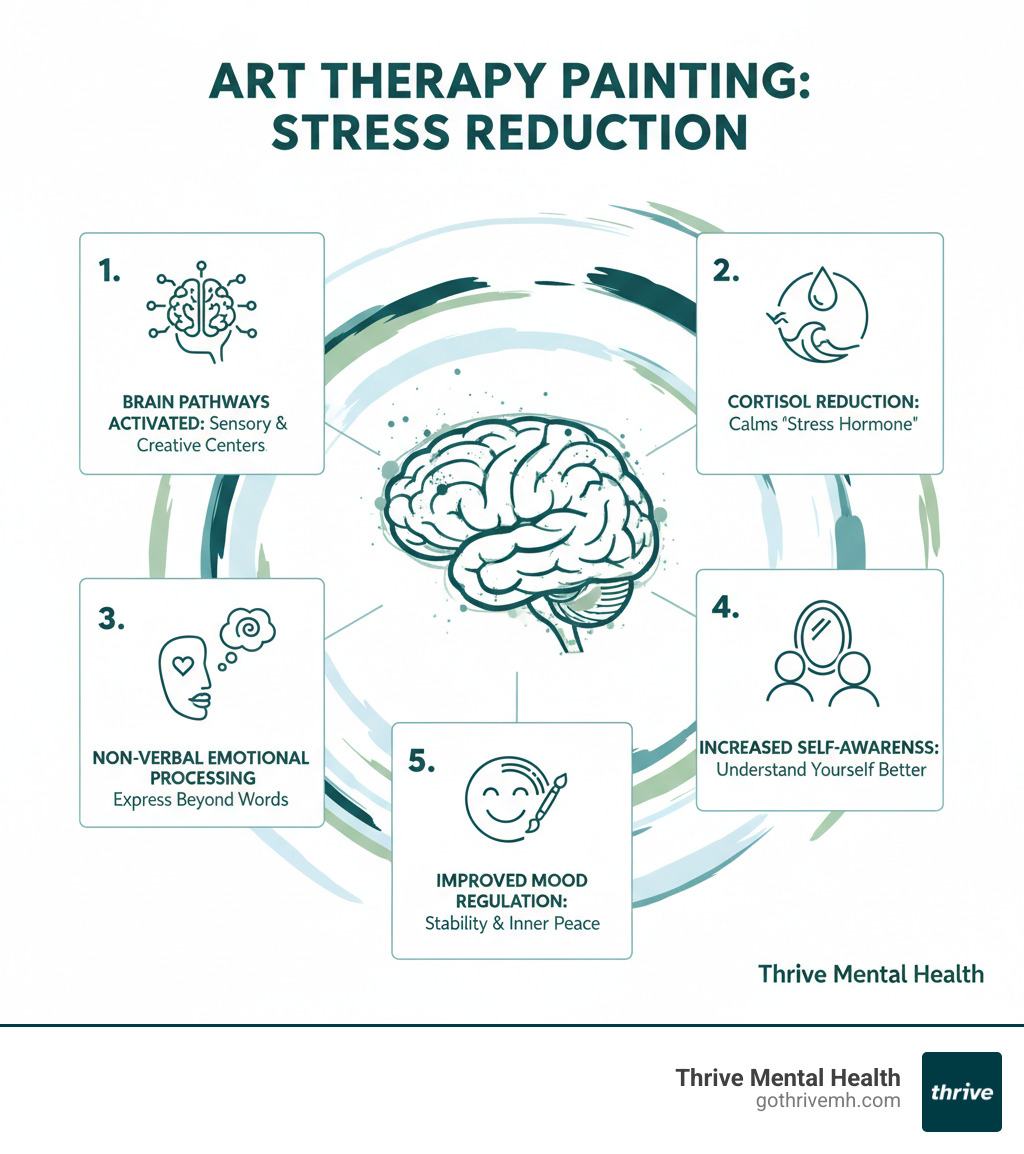 Infographic showing how art therapy painting reduces stress: brain pathways activated, cortisol reduction, non-verbal emotional processing, increased self-awareness, and improved mood regulation - Where can I find a program that uses art therapy painting ideas for mental health? infographic 