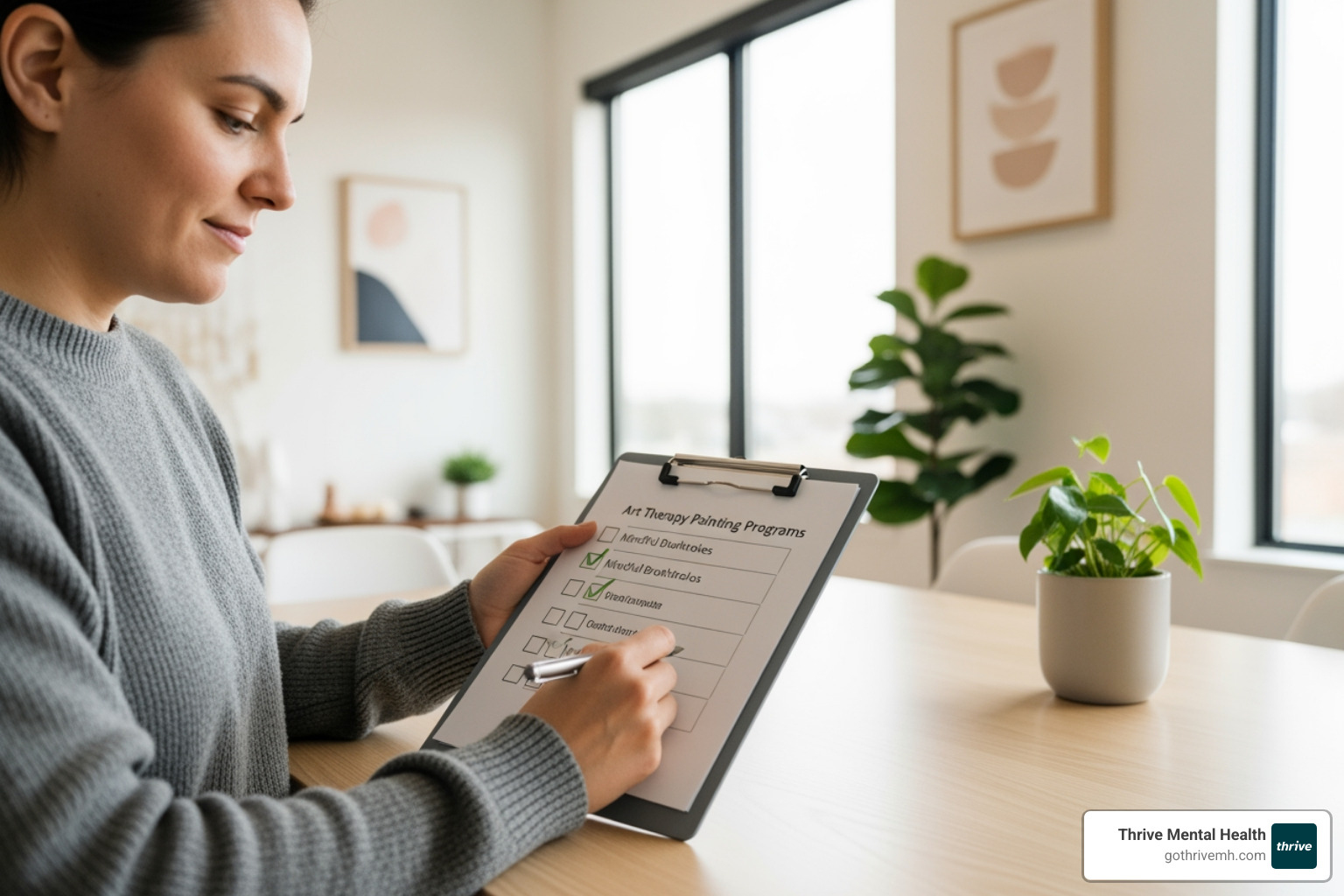 Person reviewing a checklist on a clipboard, choosing art therapy painting program for mental health. - Where can I find a program that uses art therapy painting ideas for mental health?