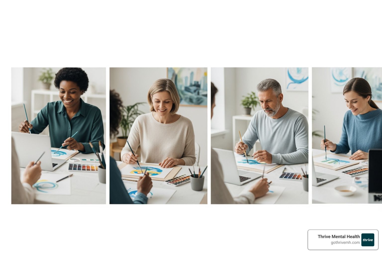 Diverse group in a virtual art therapy session, laptops open, art therapy painting for mental health. - Where can I find a program that uses art therapy painting ideas for mental health?