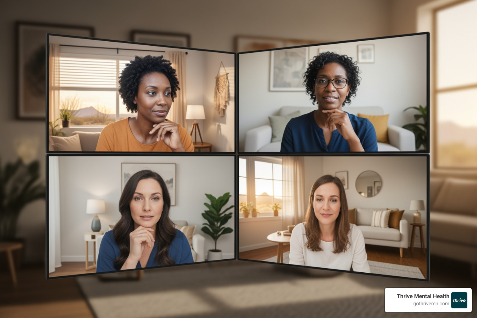 Diverse Florida adults in virtual therapy session - List the best Florida Virtual Therapy providers for adults.