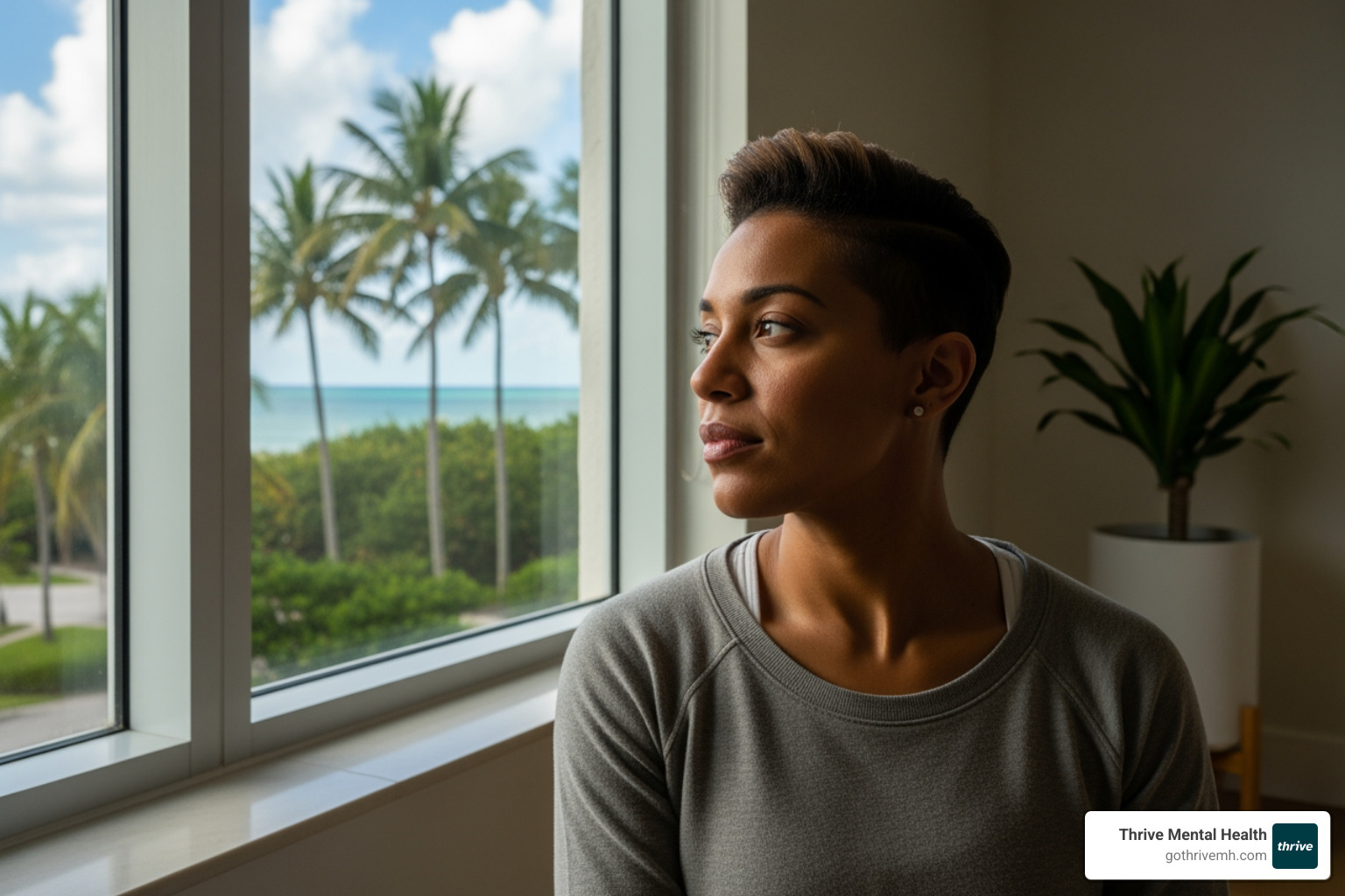 person looking thoughtfully out a window in West Palm Beach - I need more than weekly therapy but don't want to go to a hospital. What are my options in West Palm Beach?