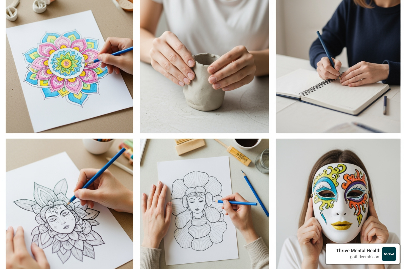 Collage of diverse art therapy techniques including mandala drawing, clay sculpting, visual journaling, mindful doodling, and mask making - Are there any programs that use art and mental health techniques for young professionals?