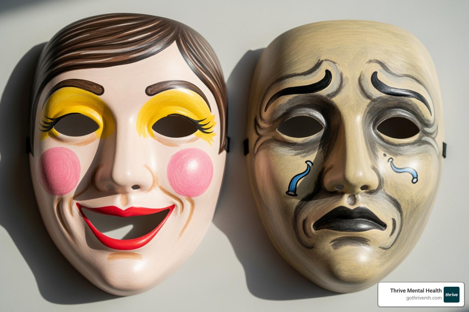 Decorated masks, one depicting a smiling public face and another a more somber, introspective inner face - Are there any programs that use art and mental health techniques for young professionals?