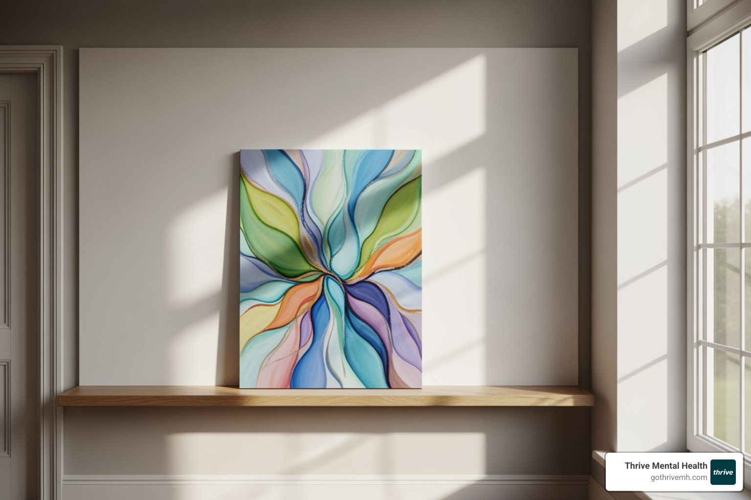 Colorful abstract painting created in art therapy for anxiety, displayed on a shelf as a symbol of progress. - I'm looking for a therapist who uses art therapy activities for anxiety.