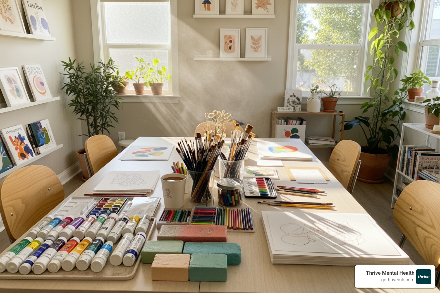 Calm Florida art therapy room with trauma recovery art supplies neatly arranged. - Find programs that use art therapy for trauma recovery in Florida.