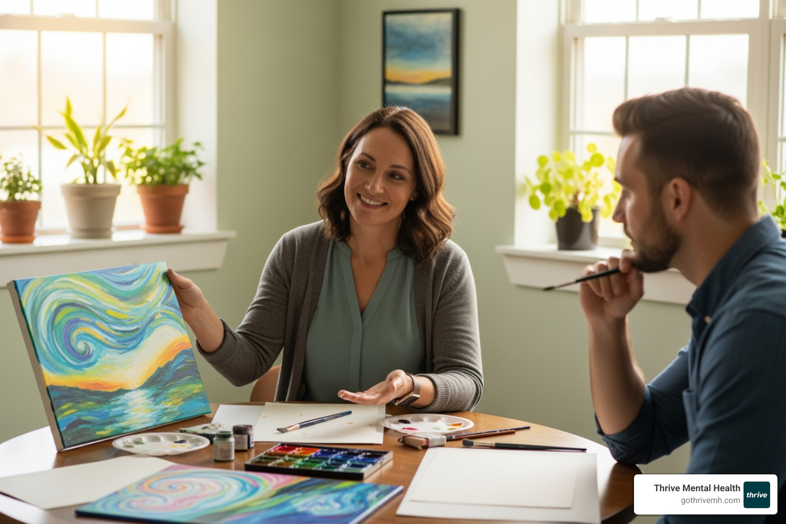 One-on-one art therapy session—therapist and client discussing artwork in a calm, safe space. - List providers that combine therapy and art in their treatment plans.
