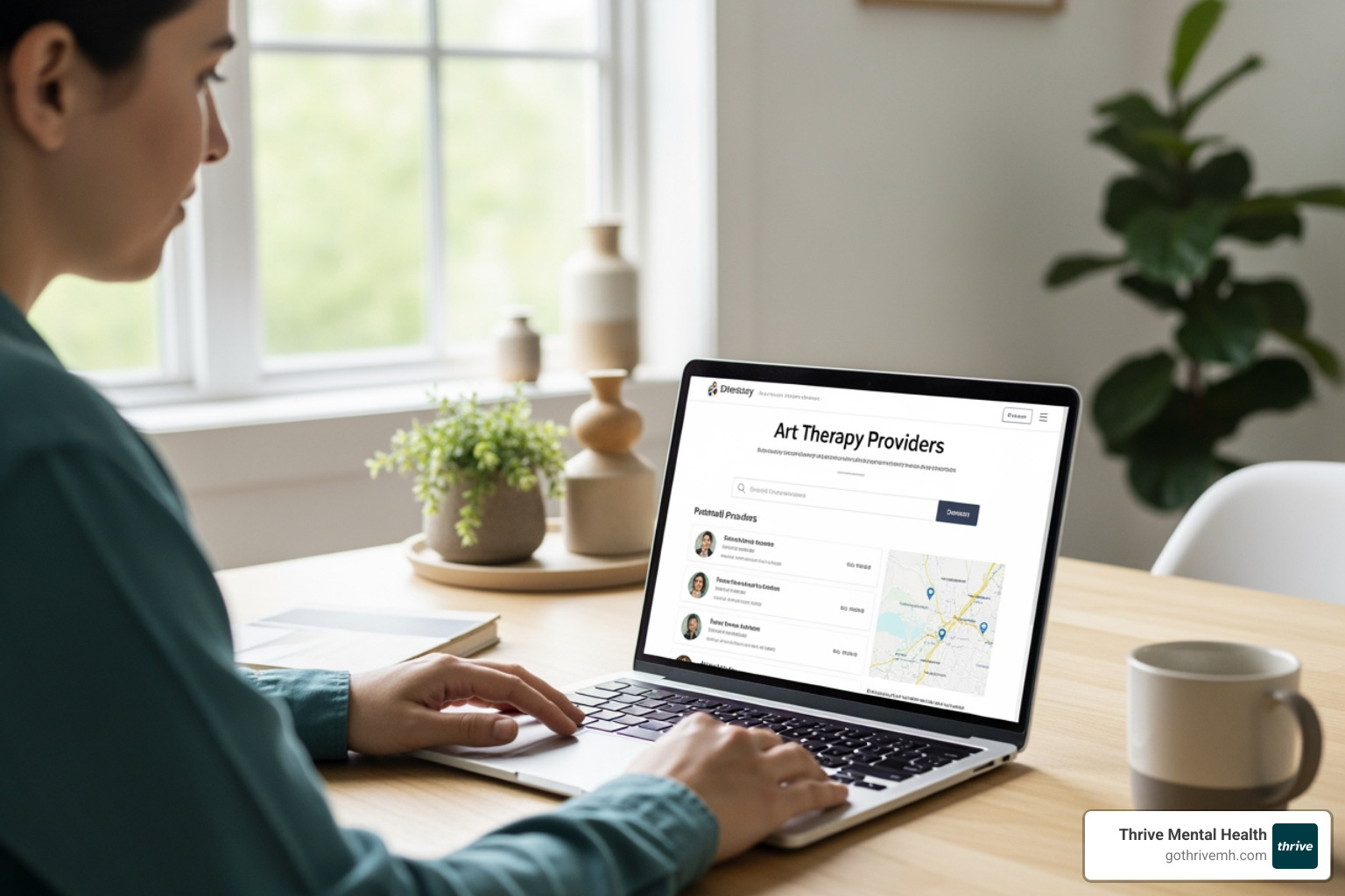 Person searching for art therapy providers on a laptop—directory website open. - List providers that combine therapy and art in their treatment plans.