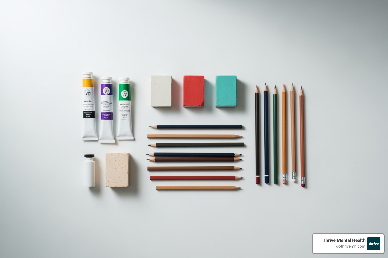 Different art supplies like paint, clay, and drawing pencils on a clean, modern surface - Are there any IOP programs that incorporate art therapy activities for adolescents in Orange County?