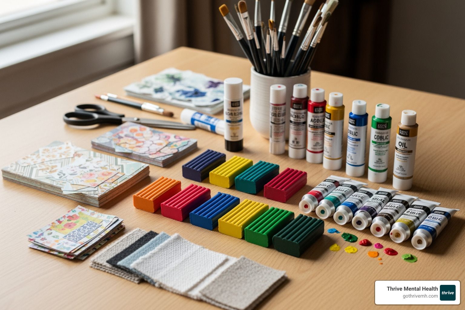 various art supplies like clay, paint, and collage materials arranged neatly on a wooden table - What are some clinics that use art therapy activities for self esteem building?
