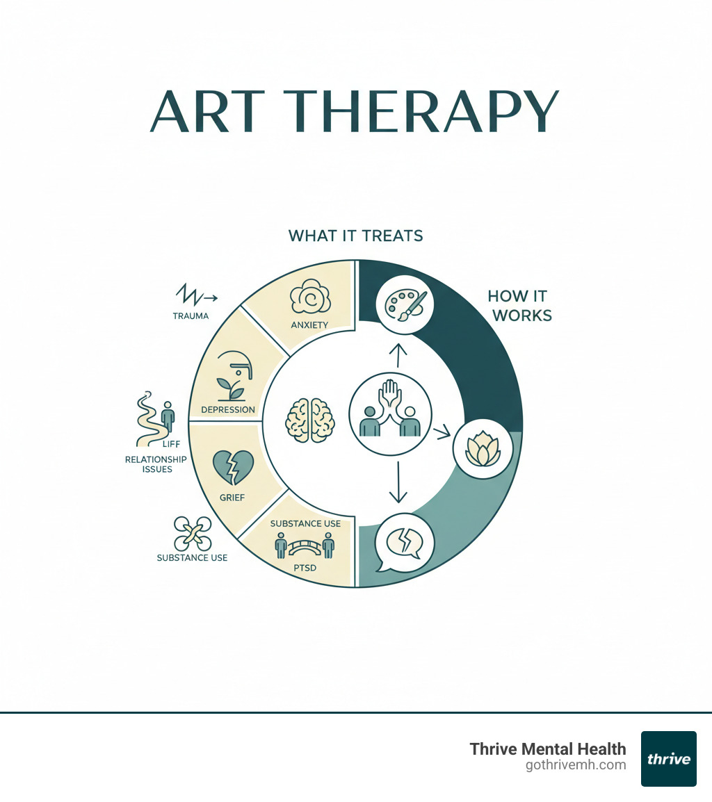 Infographic showing what art therapy treats: trauma, anxiety, depression, grief, PTSD, substance use, relationship issues, and life transitions—plus how it works through creative expression, therapist guidance, and emotional breakthroughs without words - Show me mental health centers that use therapy with art for adults. infographic 