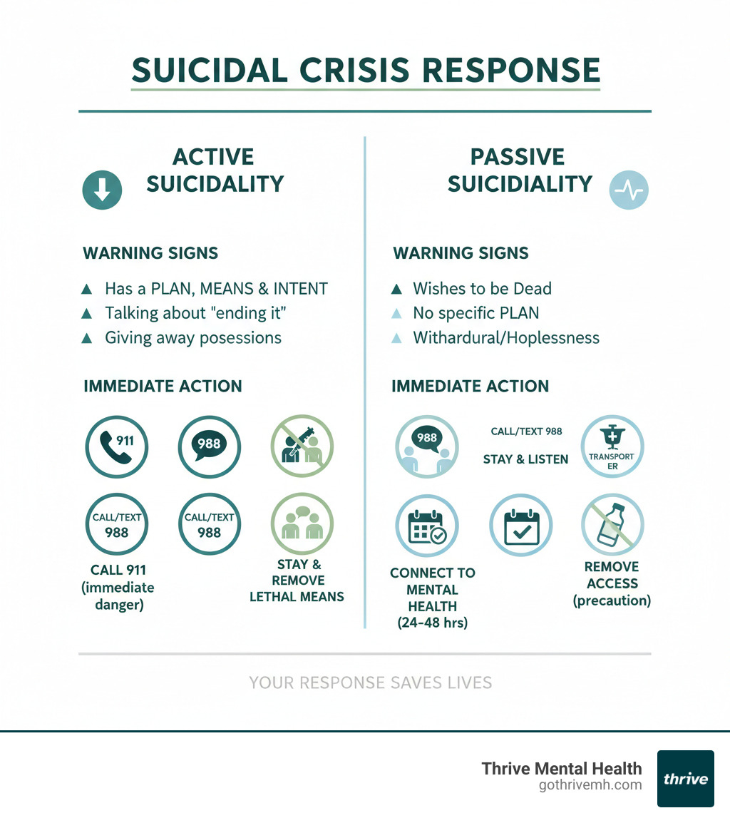 infographic showing two columns comparing active vs passive suicidality with warning signs and immediate action steps for each - Where can I find immediate help for someone with active vs passive suicidality? infographic 