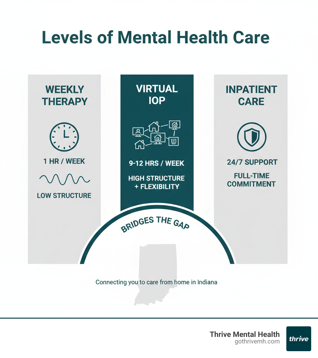 Infographic comparing weekly therapy, virtual IOP, and inpatient care: Weekly therapy shows 1 hour/week with low structure; Virtual IOP shows 9-12 hours/week with high structure and flexibility; Inpatient care shows 24/7 support with full-time commitment. Virtual IOP bridges the gap between outpatient and residential care. - I need a virtual IOP program that I can do from home in Florida. infographic Infographic comparing weekly therapy, virtual IOP, and inpatient care: Weekly therapy shows 1 hour/week with low structure; Virtual IOP shows 9-12 hours/week with high structure and flexibility; Inpatient care shows 24/7 support with full-time commitment. Virtual IOP bridges the gap between outpatient and residential care. - I need a virtual IOP program that I can do from home in Florida. infographic
