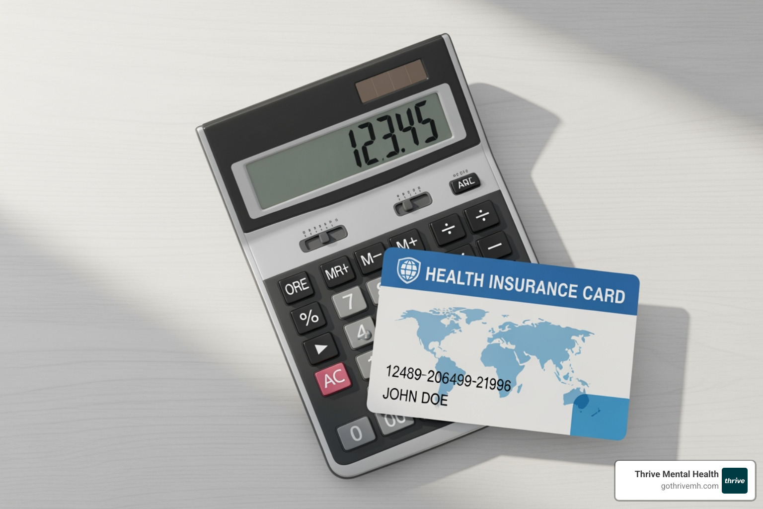 Insurance card and calculator on a desk, alt: "Jacksonville art therapy cost and insurance" - Find mental health clinics in Jacksonville that combine art therapy and mental health programs.