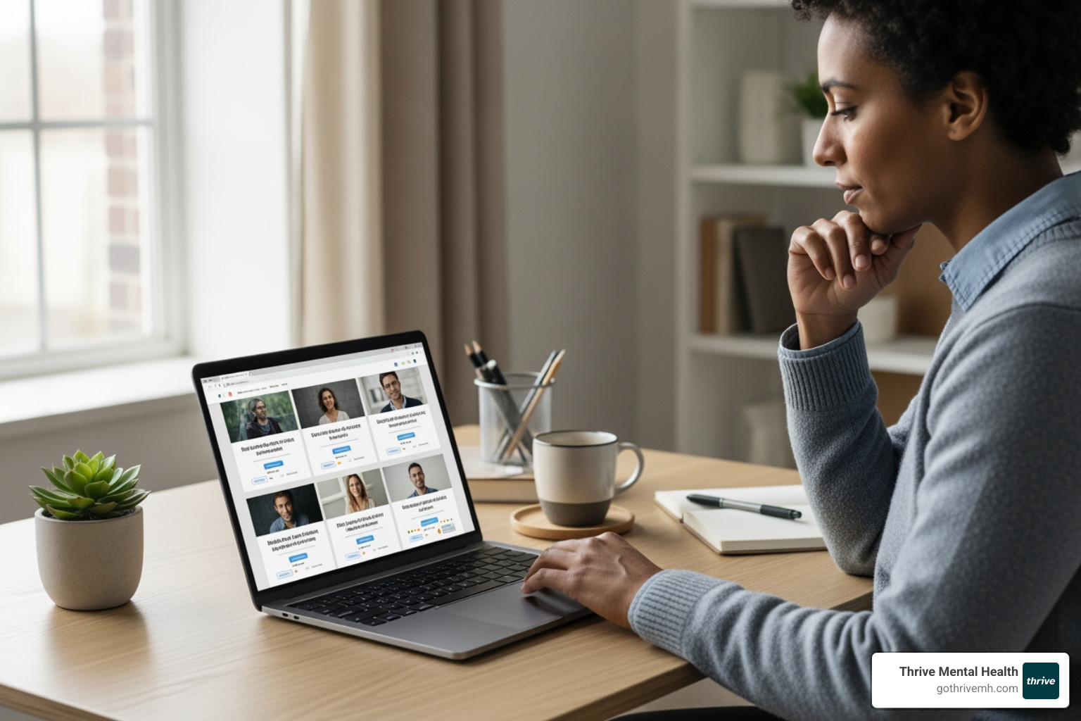 Person comparing Jacksonville clinics on a laptop, alt: "Comparing Jacksonville art therapy clinics online" - Find mental health clinics in Jacksonville that combine art therapy and mental health programs.