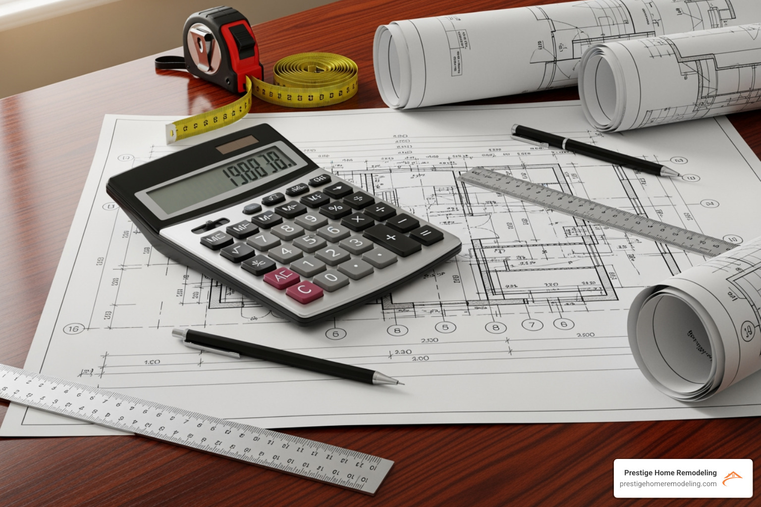 calculator and blueprints on a table - build a custom home in maryland