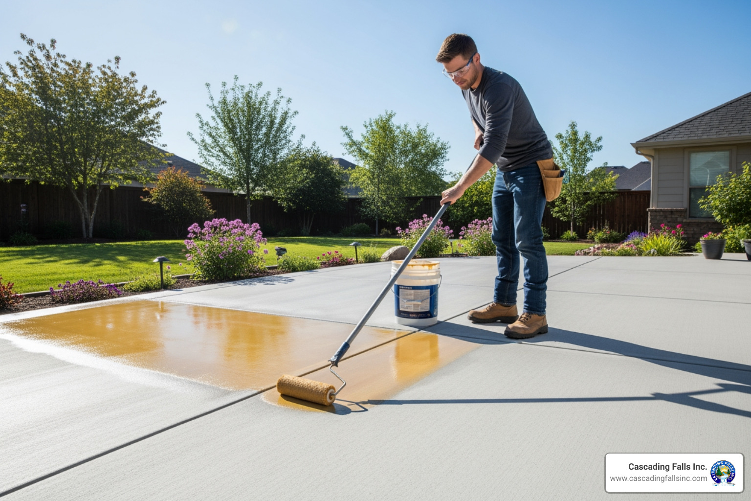 Image of a person sealing a clean concrete patio - concrete patio installation