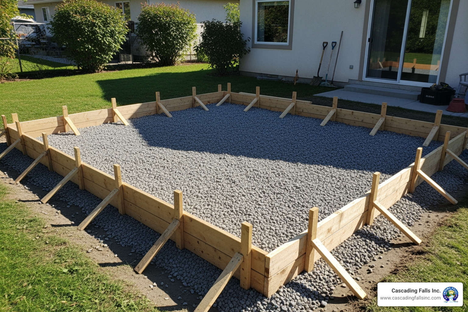 Image of a prepared site with gravel base and formwork in place - concrete patio installation