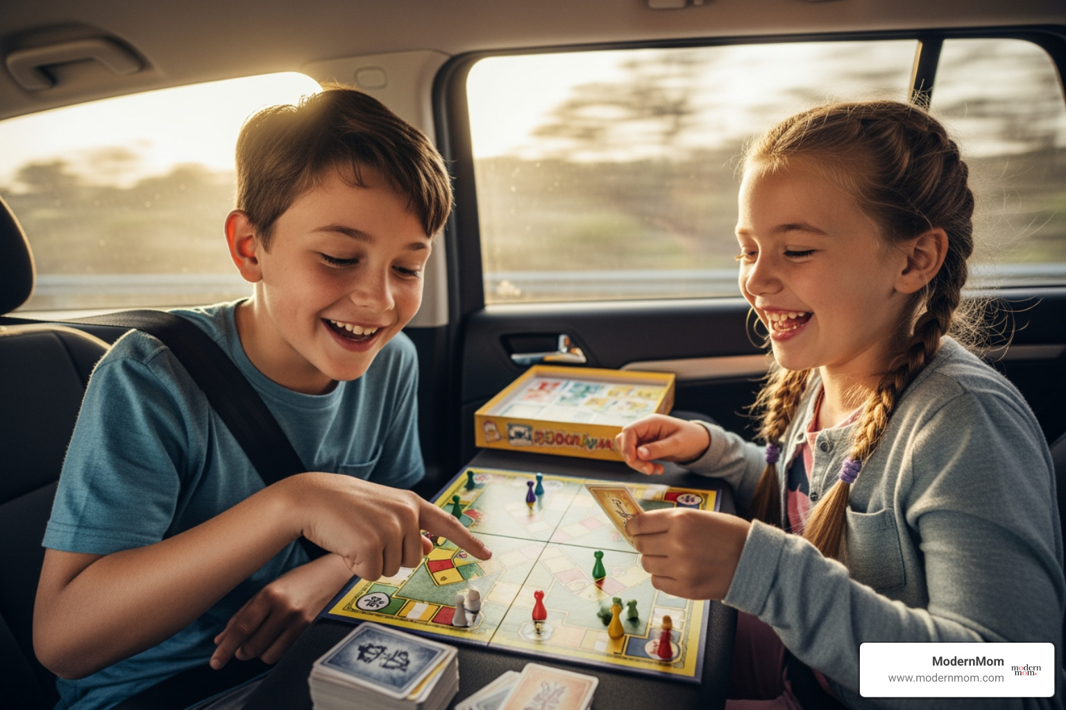 kids playing a game in the back of a car - family road trip on a budget