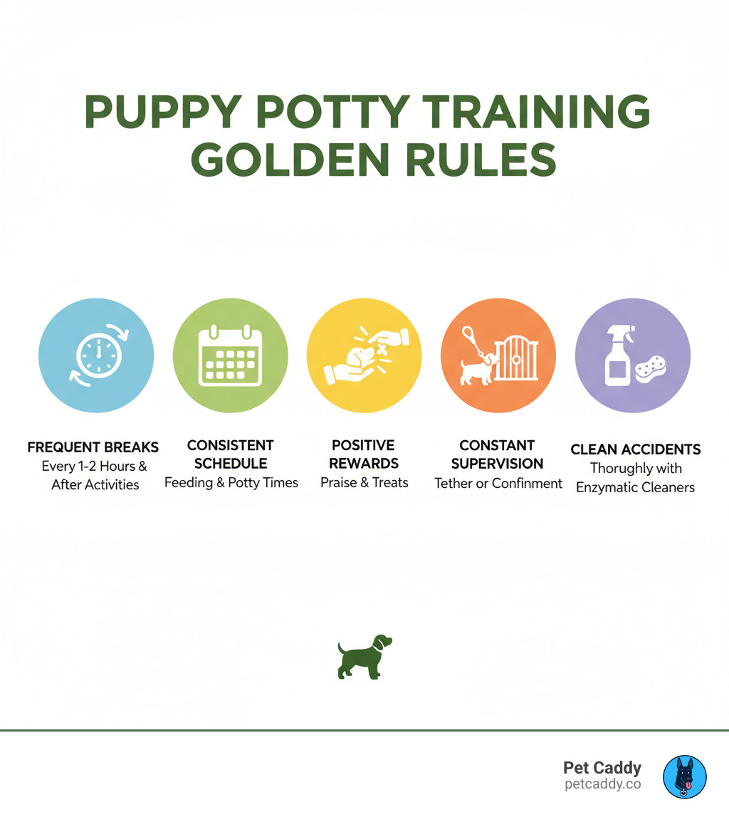 Puppy Potty Training Golden Rules infographic showing five key principles: Take Frequent Breaks every 1-2 hours and after key activities, Maintain a Consistent Daily Schedule for feeding and potty times, Give Positive Rewards with immediate praise and treats, Supervise Constantly using tethering or confinement, and Clean Accidents Thoroughly with enzymatic cleaners - puppy potty training infographic Puppy Potty Training Golden Rules infographic showing five key principles: Take Frequent Breaks every 1-2 hours and after key activities, Maintain a Consistent Daily Schedule for feeding and potty times, Give Positive Rewards with immediate praise and treats, Supervise Constantly using tethering or confinement, and Clean Accidents Thoroughly with enzymatic cleaners - puppy potty training infographic