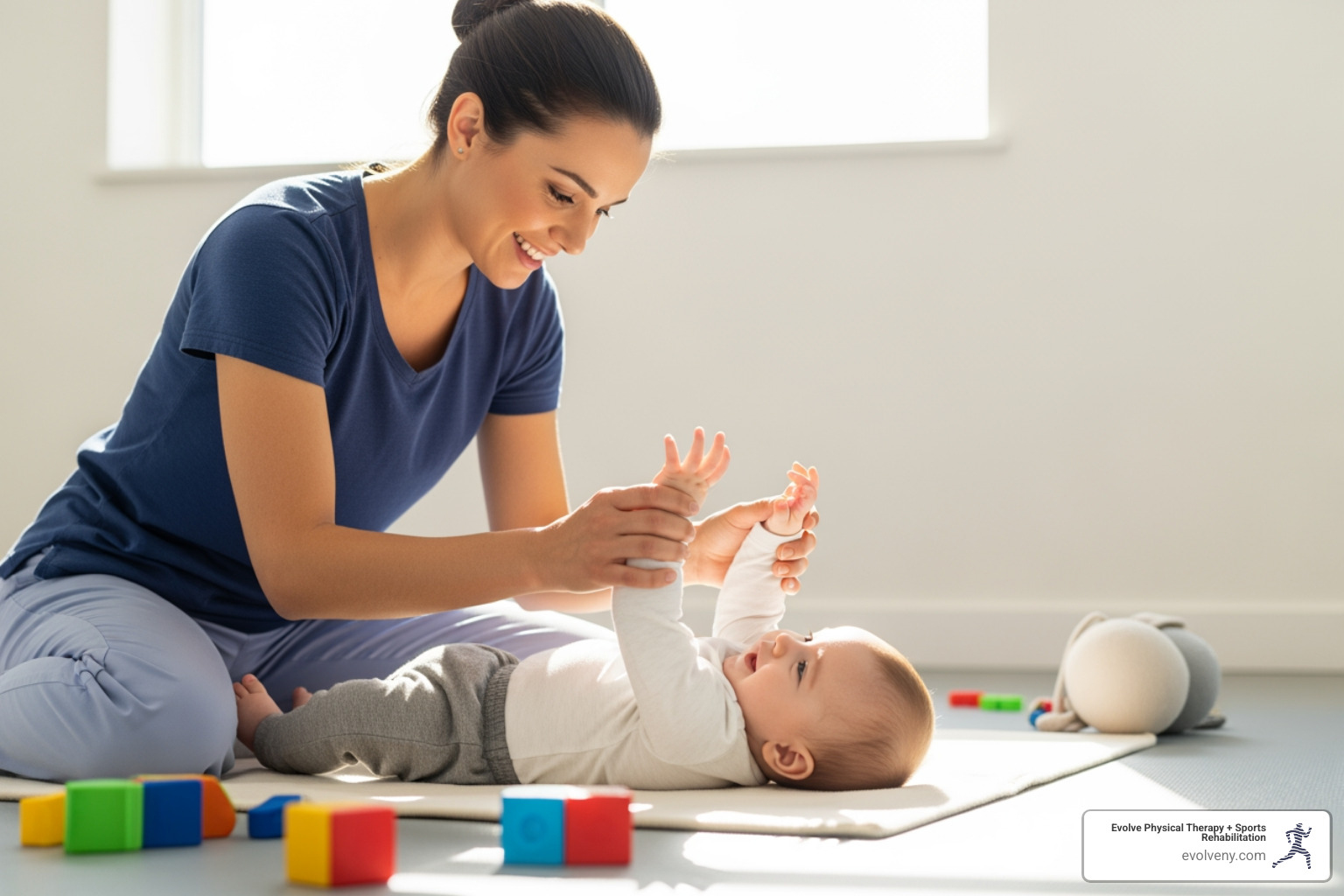 physical therapist working with an infant - Brooklyn pediatric physical therapy