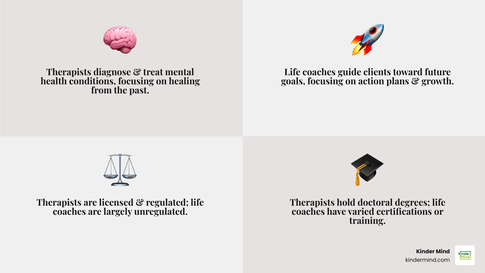 Infographic comparing therapists and life coaches: Therapists are licensed, focus on mental health diagnosis and treatment, address past issues and healing, require doctoral degrees and state licensure; Life coaches are unregulated, focus on future goals and action plans, address career and life balance, have varied certifications or none - psychologist life coach near me infographic 4_facts_emoji_grey