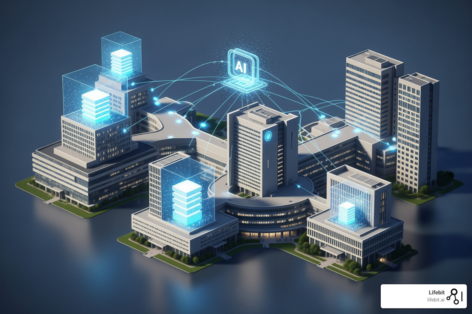 Image illustrating the concept of federated learning where data stays local - ai platform healthcare