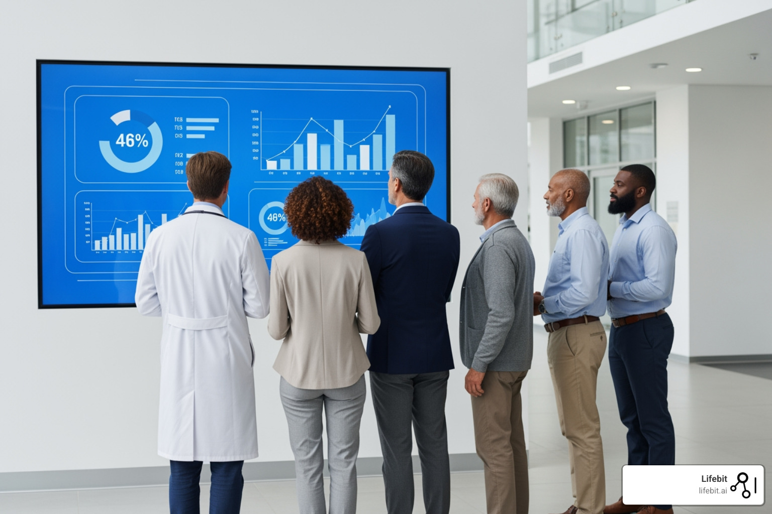 Image of a diverse group of healthcare stakeholders (doctor, administrator, patient) looking at a screen with positive data charts - ai platform healthcare