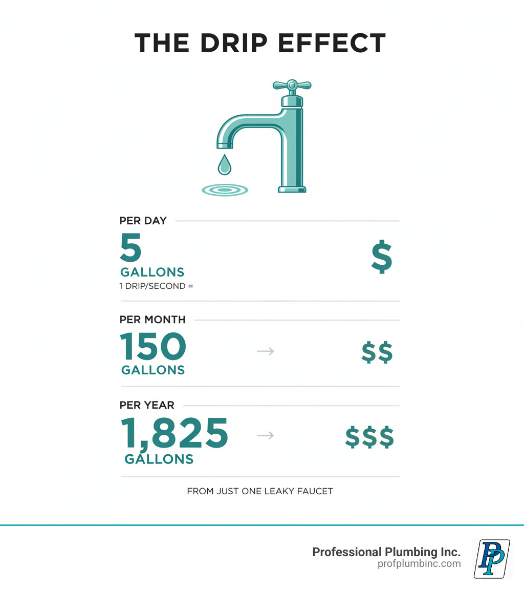 infographic showing water waste from a dripping faucet: 5 gallons per day equals 150 gallons per month equals 1,825 gallons per year from just one drip per second, with dollar signs showing estimated cost increase on water bills - Fix kitchen faucet drip infographic infographic showing water waste from a dripping faucet: 5 gallons per day equals 150 gallons per month equals 1,825 gallons per year from just one drip per second, with dollar signs showing estimated cost increase on water bills - Fix kitchen faucet drip infographic