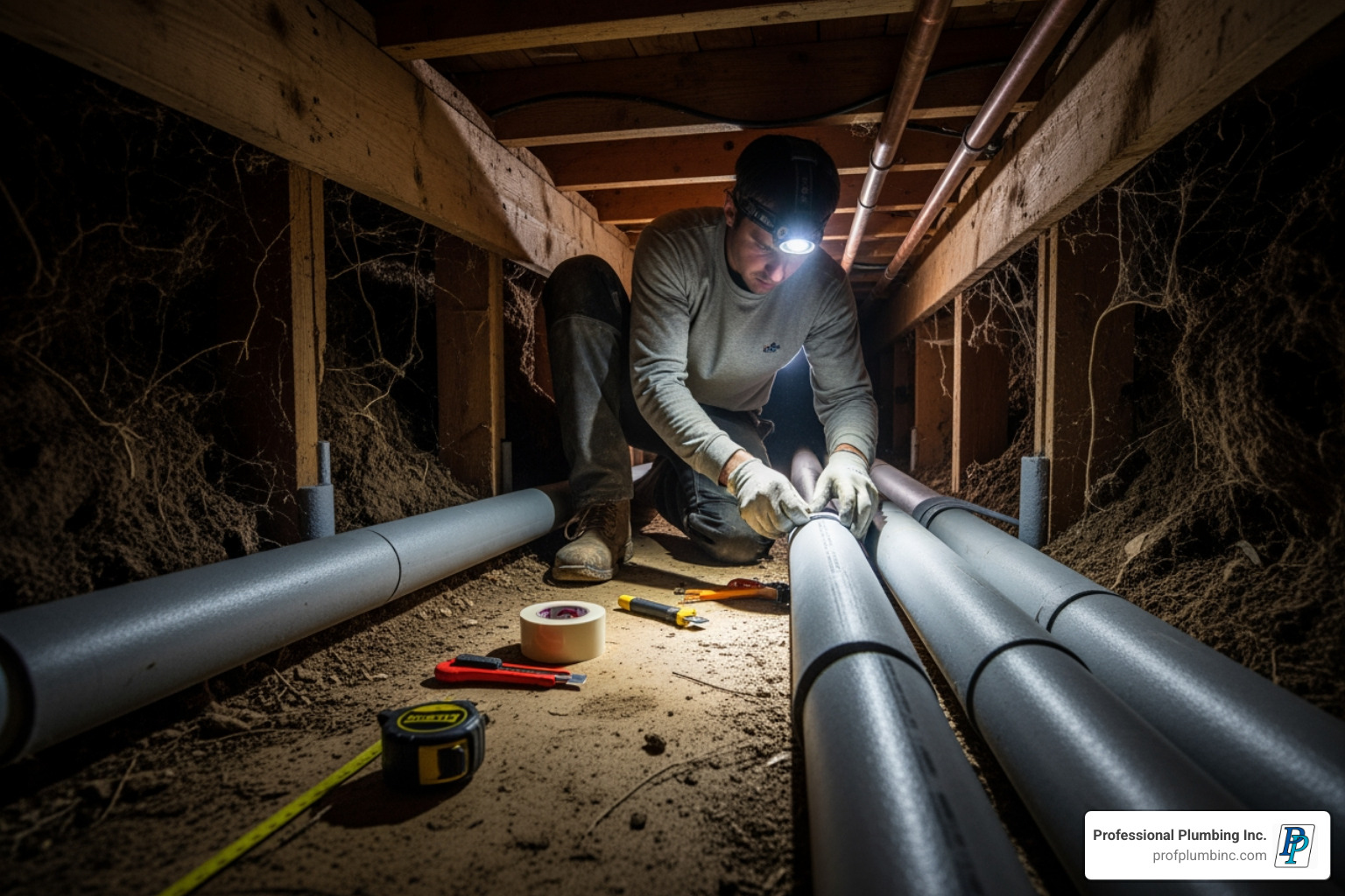 pipe insulation being installed on pipes in a crawlspace - burst pipe repair cost