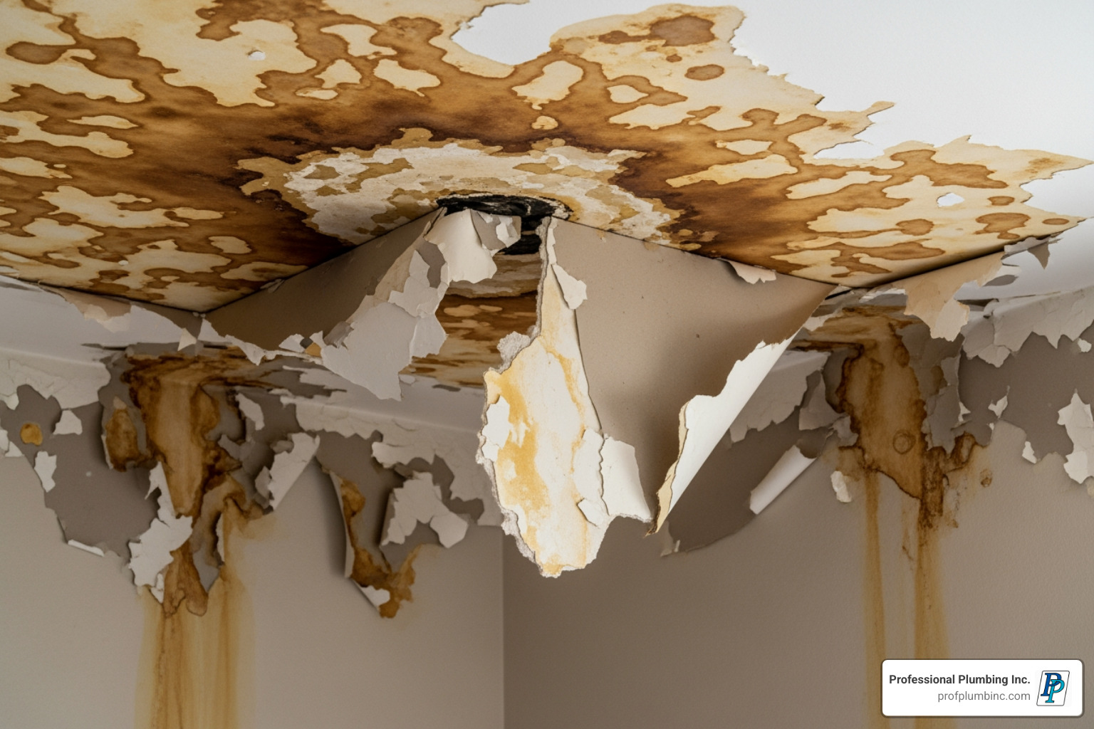 water damage on a ceiling and wall - burst pipe repair cost