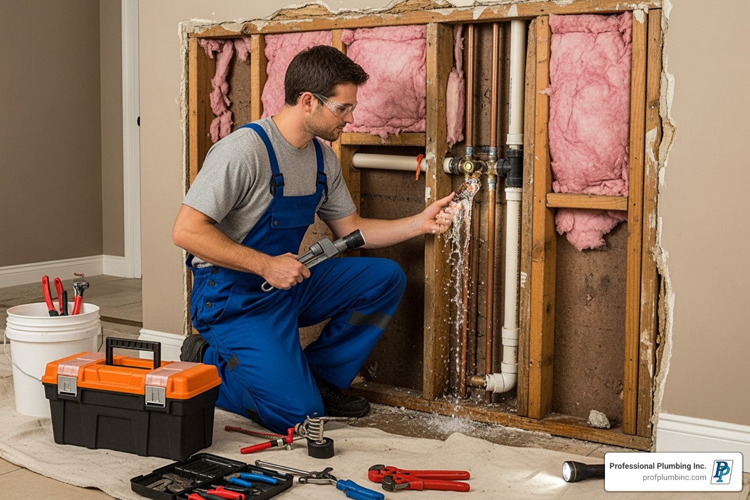 plumber working on a pipe inside an opened wall - burst pipe repair cost
