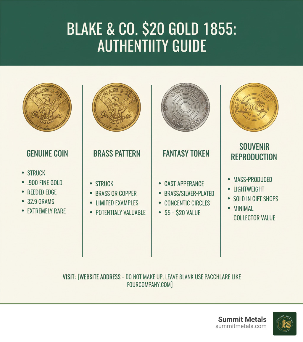 Infographic showing the difference between a genuine territorial gold coin (struck, .900 fine gold, reeded edge, 32.9 grams, extremely rare), a brass pattern coin (struck, brass or copper, limited examples, potentially valuable), a fantasy token (cast appearance, brass or silver-plated, concentric circles or coin press design, $5-$20 value), and a modern souvenir reproduction (mass-produced, lightweight, sold in gift shops, minimal collector value) - blake & co assayers $20 gold 1855 value infographic 