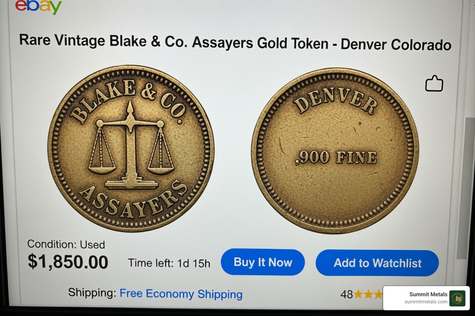 eBay listing for a Blake & Co. token - blake & co assayers $20 gold 1855 value