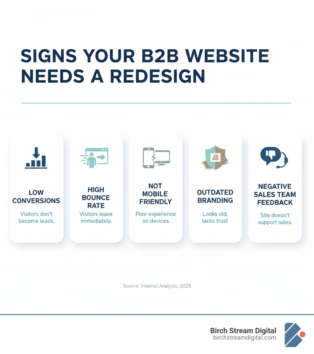 infographic explaining the key signs a B2B website needs a redesign: low conversions, high bounce rate, not mobile-friendly, outdated branding, and negative sales team feedback. - b2b website redesign infographic 
