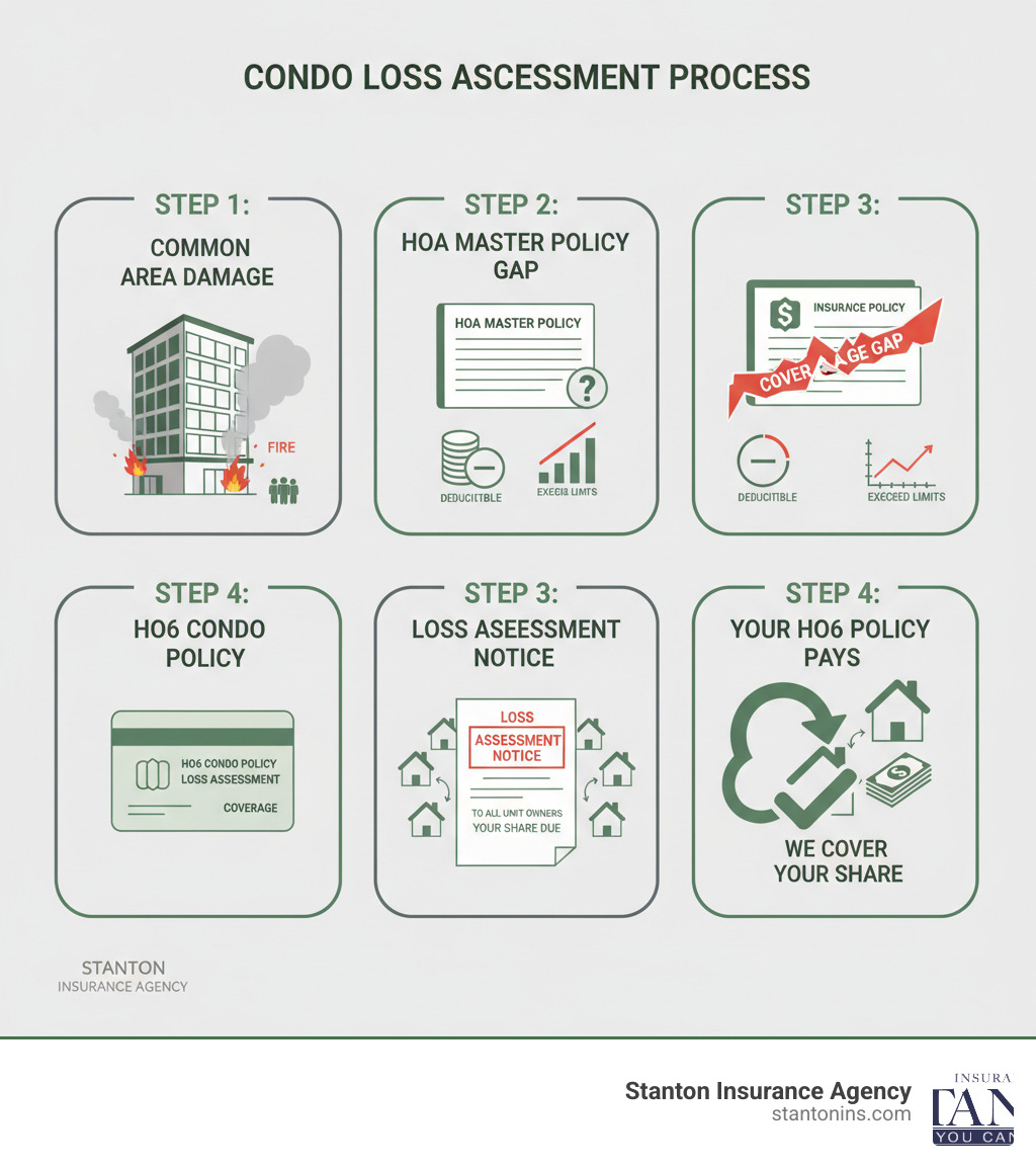 Infographic showing the loss assessment process: Step 1 shows a fire in a condo building's common area. Step 2 shows the HOA's master policy with a coverage gap, either from exceeded limits or a high deductible. Step 3 shows the HOA issuing a loss assessment notice to all unit owners to cover the shortfall. Step 4 shows your personal HO6 condo policy's loss assessment coverage paying your share of the assessment. - what is loss assessment coverage infographic 