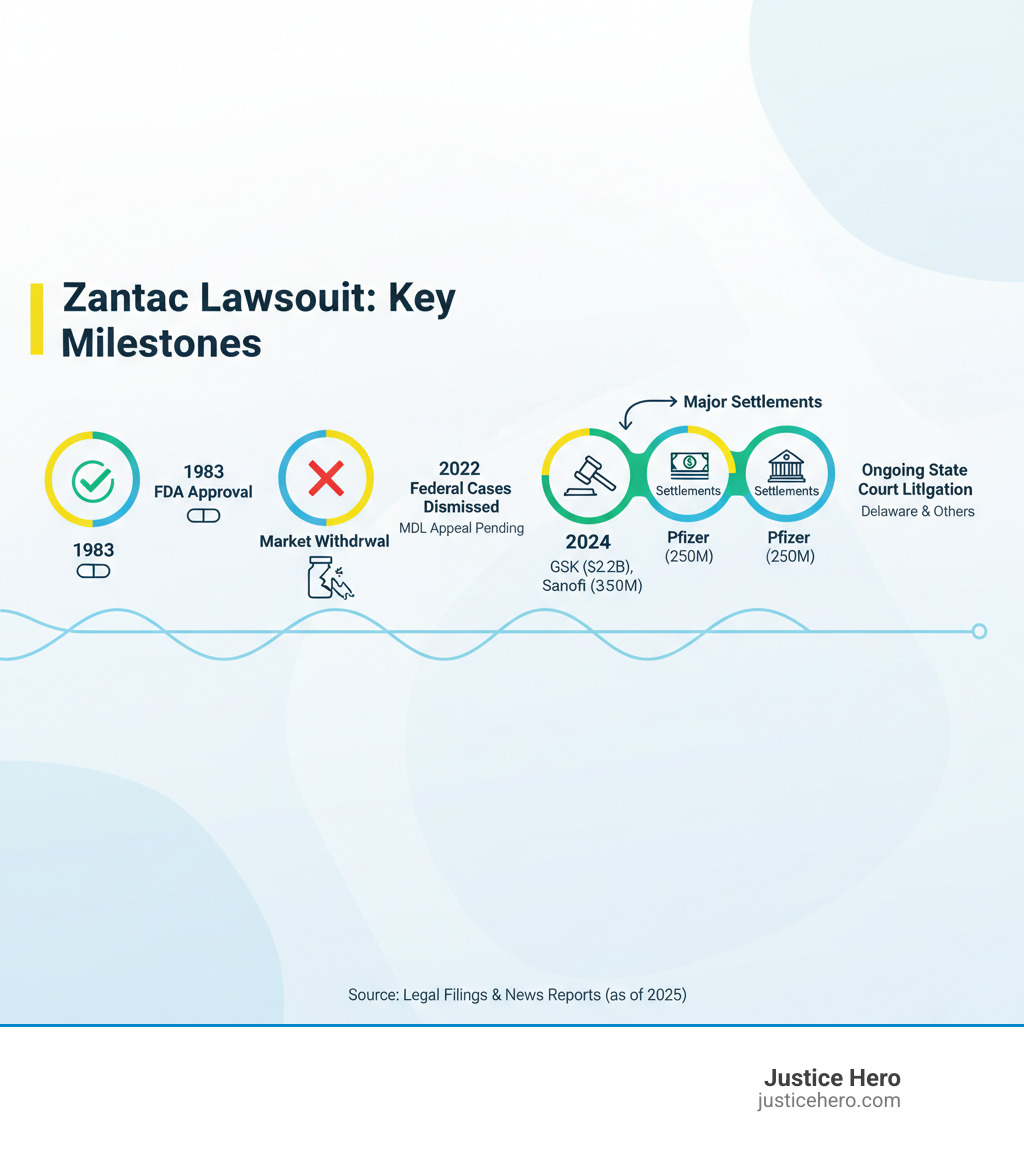 Timeline showing key Zantac lawsuit milestones from 1983 FDA approval through 2020 market withdrawal, 2022 federal dismissal, 2024-2025 major settlements by GSK Pfizer and Sanofi, and ongoing state court litigation - Zantac cancer lawsuit update infographic Timeline showing key Zantac lawsuit milestones from 1983 FDA approval through 2020 market withdrawal, 2022 federal dismissal, 2024-2025 major settlements by GSK Pfizer and Sanofi, and ongoing state court litigation - Zantac cancer lawsuit update infographic
