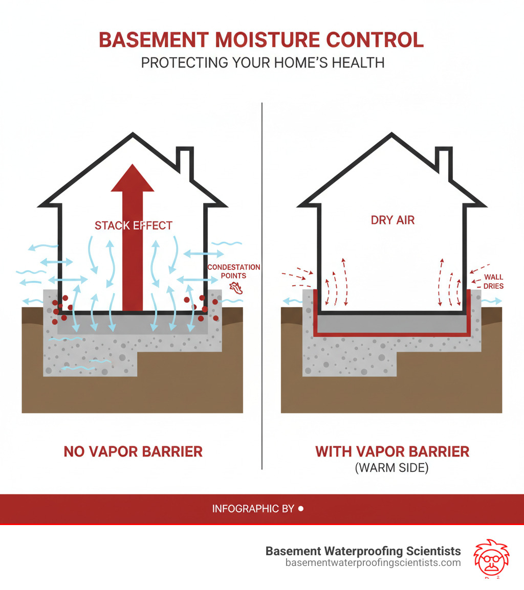 infographic showing how moisture enters through porous concrete foundation walls and floors via water vapor from surrounding soil, then travels upward through the stack effect into living spaces, versus how a properly installed vapor barrier on the warm side of the wall blocks this vapor movement while allowing the wall assembly to dry, with arrows indicating vapor drive direction and condensation points - basement vapor barriers infographic infographic showing how moisture enters through porous concrete foundation walls and floors via water vapor from surrounding soil, then travels upward through the stack effect into living spaces, versus how a properly installed vapor barrier on the warm side of the wall blocks this vapor movement while allowing the wall assembly to dry, with arrows indicating vapor drive direction and condensation points - basement vapor barriers infographic