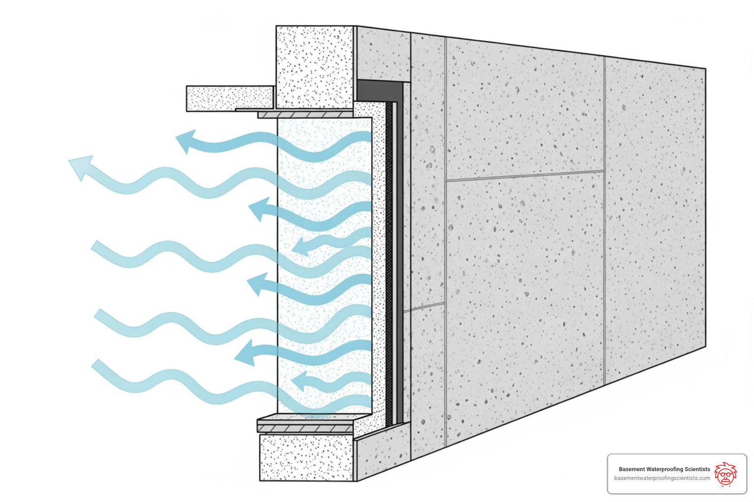 diagram showing vapor moving through a concrete wall and being stopped by a barrier - basement vapor barriers diagram showing vapor moving through a concrete wall and being stopped by a barrier - basement vapor barriers