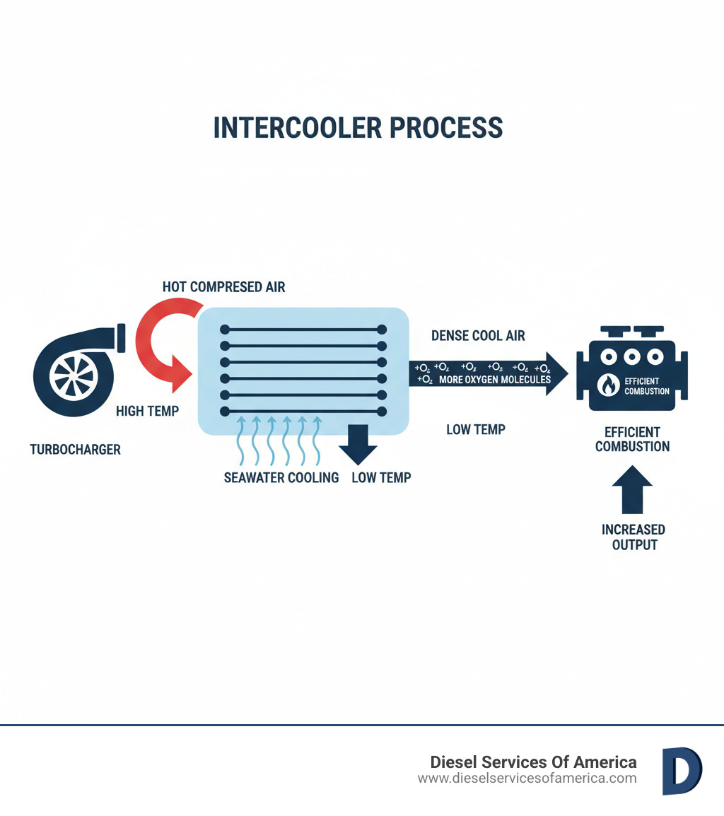Infographic showing the intercooler process: hot compressed air from turbocharger enters intercooler at high temperature, passes through heat exchanger cooled by seawater, exits as dense cool air with more oxygen molecules, enters engine cylinders for more efficient combustion and increased power output - intercoolers infographic 