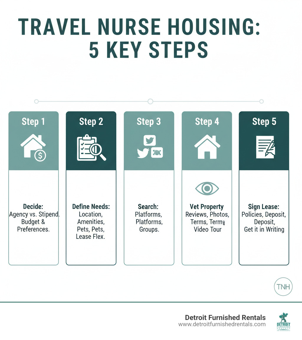 Infographic showing 5 key steps to securing travel nurse housing: Step 1 - Decide between agency housing or taking a housing stipend based on your budget and preferences. Step 2 - Define your must-have needs including location near your facility, essential amenities like Wi-Fi and kitchen, pet requirements, and lease flexibility. Step 3 - Search on reputable platforms like Furnished Finder, Travel Nurse Housing, and specialized Facebook groups. Step 4 - Vet the property by checking reviews, verifying photos with Google Street View, confirming lease terms, and video touring if possible. Step 5 - Sign the lease after reviewing cancellation policies, security deposit terms, and getting all agreements in writing. - Travel nurse housing infographic 