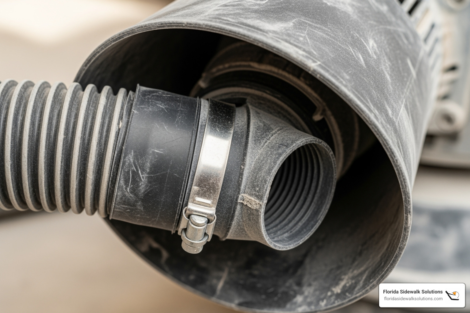 close-up of a grinder's dust shroud connected to a vacuum hose - grinder for shaving down a concrete sidewalk close-up of a grinder's dust shroud connected to a vacuum hose - grinder for shaving down a concrete sidewalk