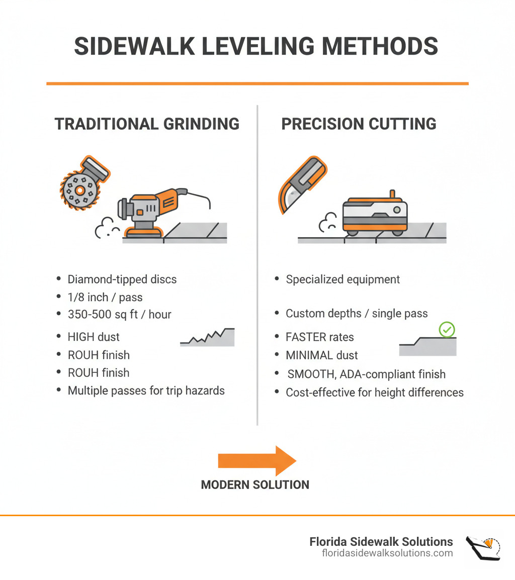 Infographic comparing concrete grinding methods: Traditional grinding shows diamond-tipped discs removing 1/8 inch per pass at 350-500 sq ft/hour with high dust production and rough finish, requiring multiple passes for trip hazards. Precision sidewalk cutting shows specialized equipment removing custom depths in single pass at faster rates with minimal dust and smooth ADA-compliant finish, more cost-effective for significant height differences. - grinder for shaving down a concrete sidewalk infographic Infographic comparing concrete grinding methods: Traditional grinding shows diamond-tipped discs removing 1/8 inch per pass at 350-500 sq ft/hour with high dust production and rough finish, requiring multiple passes for trip hazards. Precision sidewalk cutting shows specialized equipment removing custom depths in single pass at faster rates with minimal dust and smooth ADA-compliant finish, more cost-effective for significant height differences. - grinder for shaving down a concrete sidewalk infographic