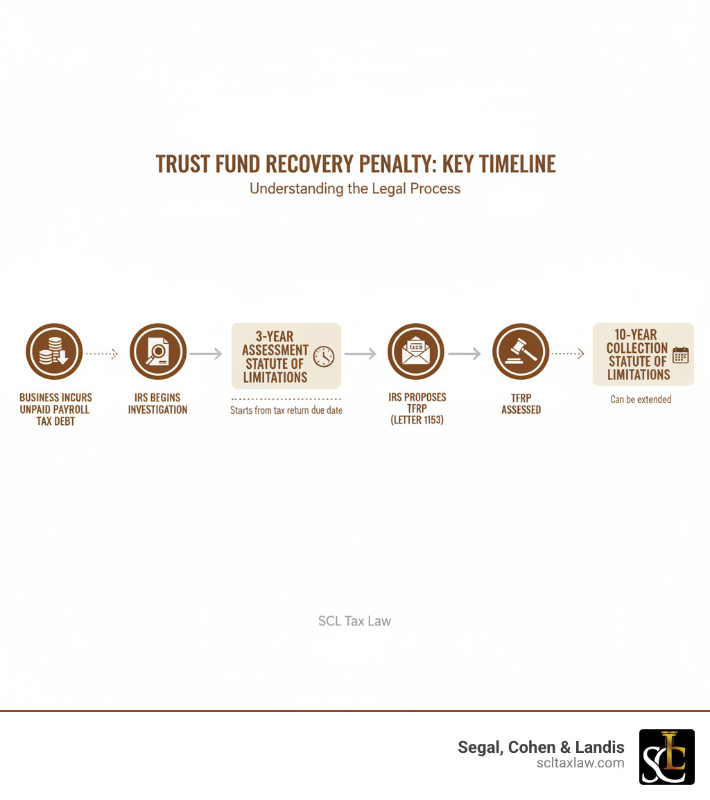 Infographic showing a timeline with key milestones: Business incurs unpaid payroll tax debt, IRS begins investigation, 3-year assessment statute of limitations, IRS proposes TFRP (Letter 1153), TFRP assessed, 10-year collection statute of limitations. - Trust fund recovery penalty infographic 