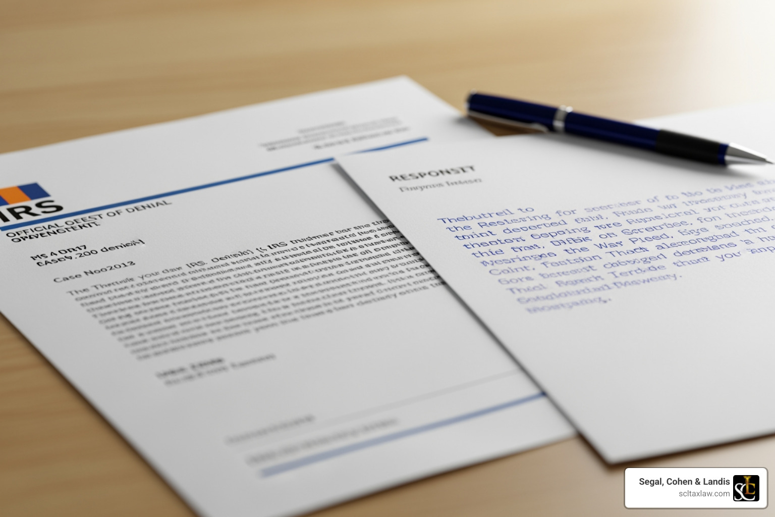 IRS denial letter with a response letter next to it - Tax penalty abatement help