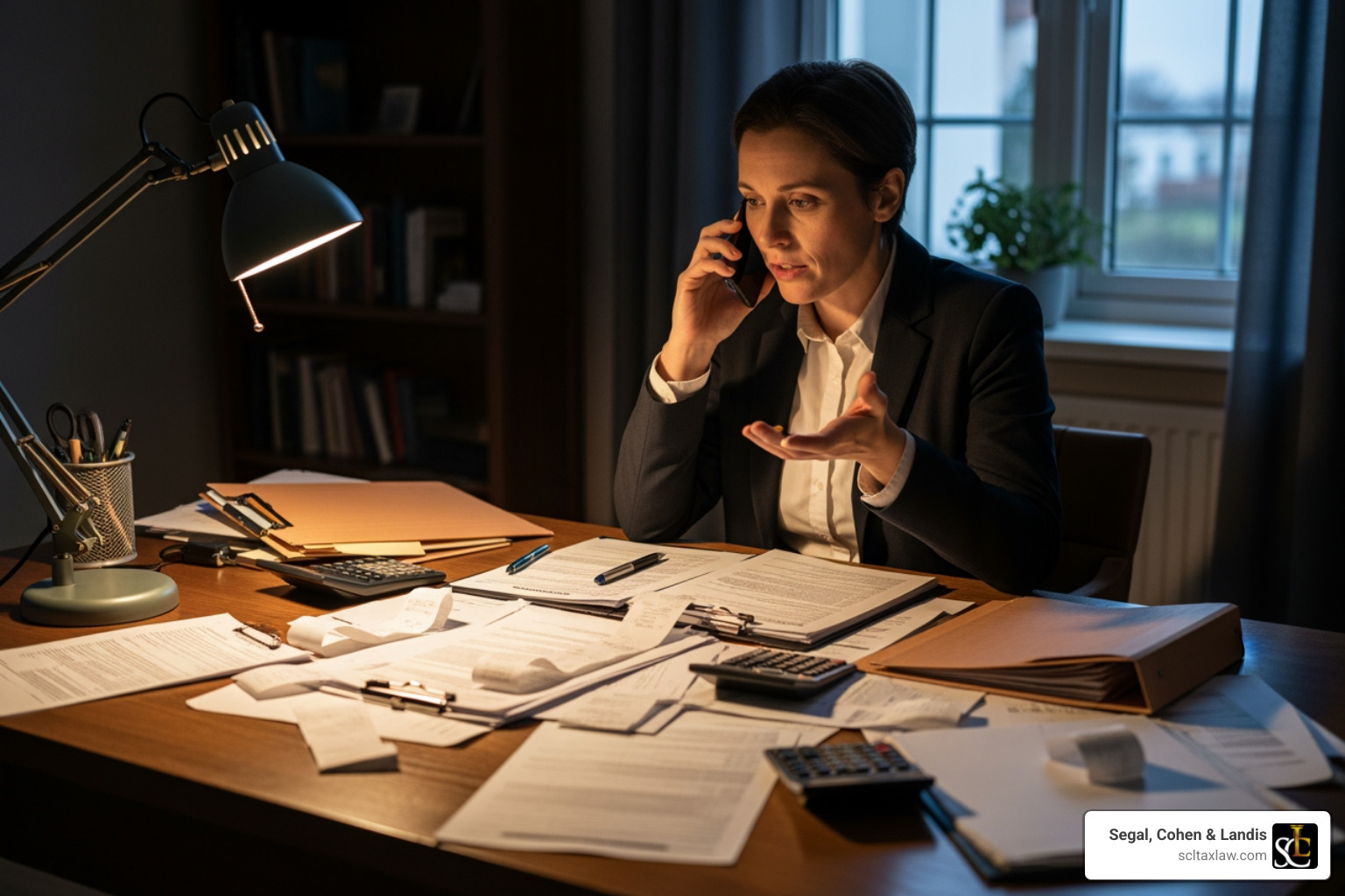 Person on phone with IRS, documents spread out on desk - Tax penalty abatement help