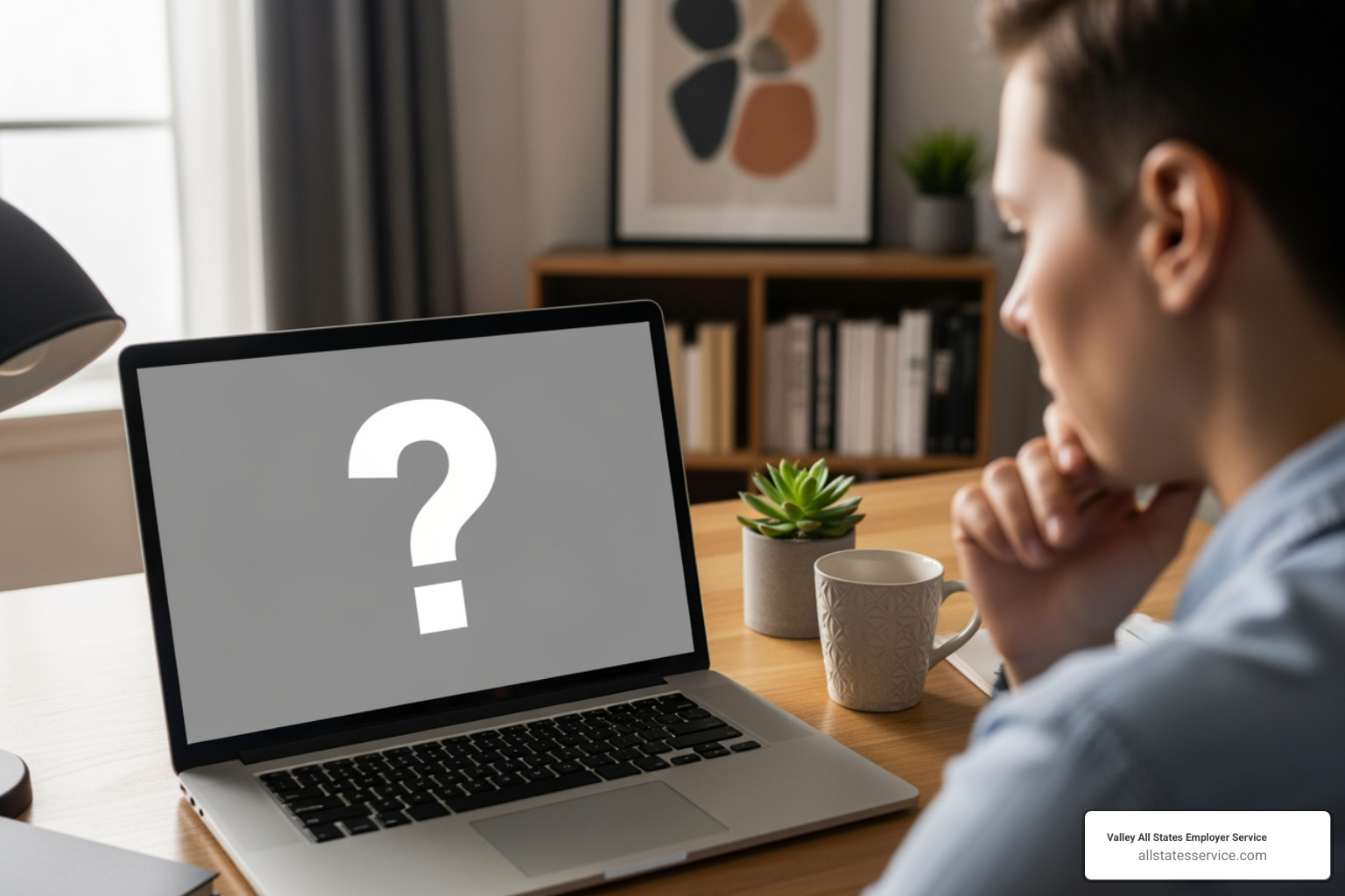 Person looking at a computer screen with a question mark icon - everify sign in