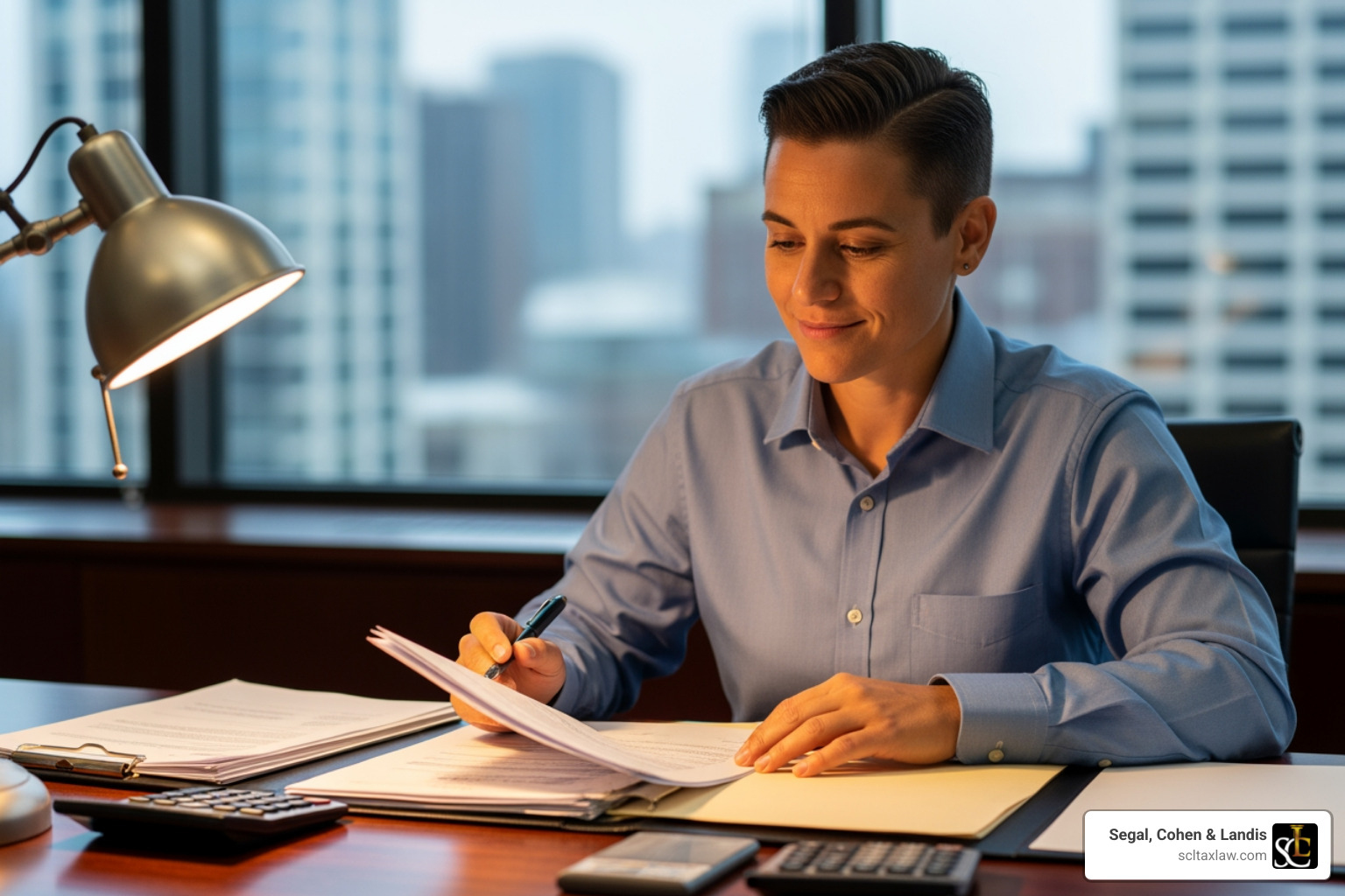 Person looking relieved while reviewing their financial documents - Federal tax lien removal Person looking relieved while reviewing their financial documents - Federal tax lien removal
