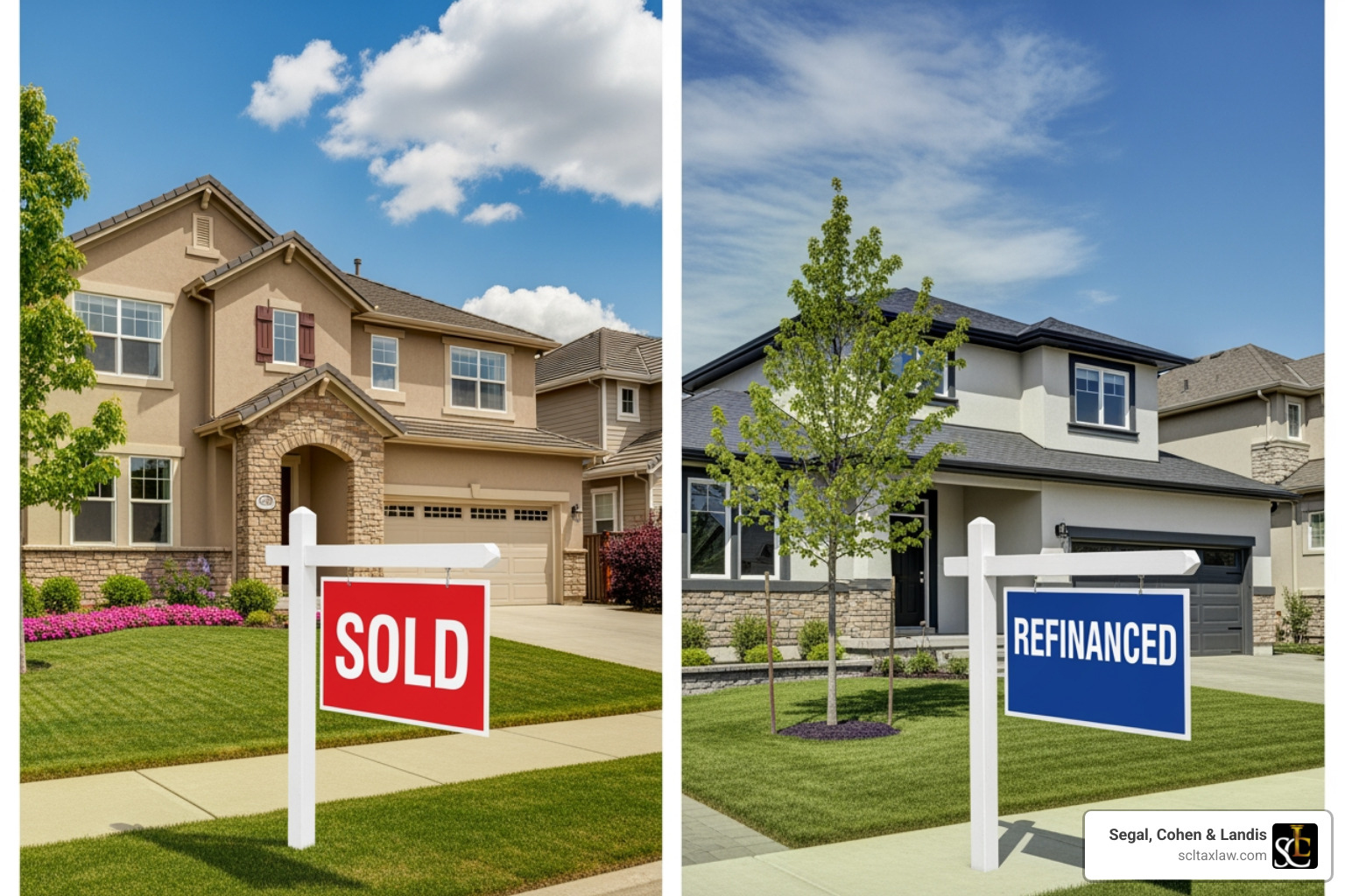 Image of a house with a "sold" sign and another with a "refinanced" sign, illustrating discharge and subordination - Federal tax lien removal Image of a house with a "sold" sign and another with a "refinanced" sign, illustrating discharge and subordination - Federal tax lien removal